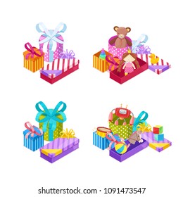 Girls and boys gifts. Colorful unpacking gift boxes with ribbons and toys. Vector holiday icons and design elements. Closed and opened presents.