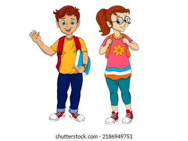 Girls and boys go to school while greeting waving with happy smile expressions, cool cartoons are suitable for animation and illustration designs.