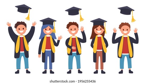 Girls and boys graduates are standing. Guys throw up hats, college graduation, last day of school, men and women are very happy, flat