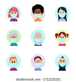 Girls, boys, grandmother and grandfather in medical masks try to protect themselves from COVID-19, 