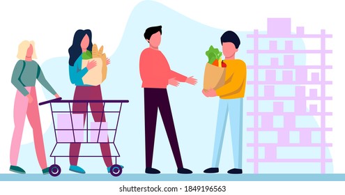 Girls and boys with a grocery cart makes purchases in shop.