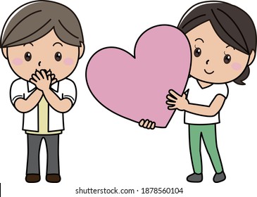 Girls and boys handing big hearts