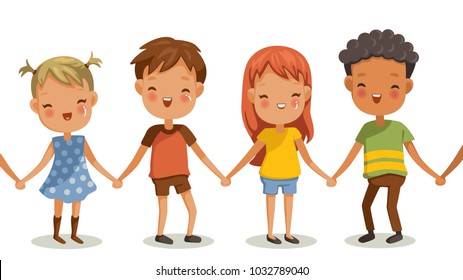 Girls and boys holding hands. gestures and emotions happiness. Hand in hand, good concept of friendship in childhood. Vector illustrations isolated on white background.