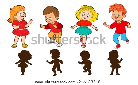 Girls and boys jump around playing hopscotch. Guess the shadow game. Silhouettes of jumping children. Vector illustration in cartoon style Imagine de stoc © 