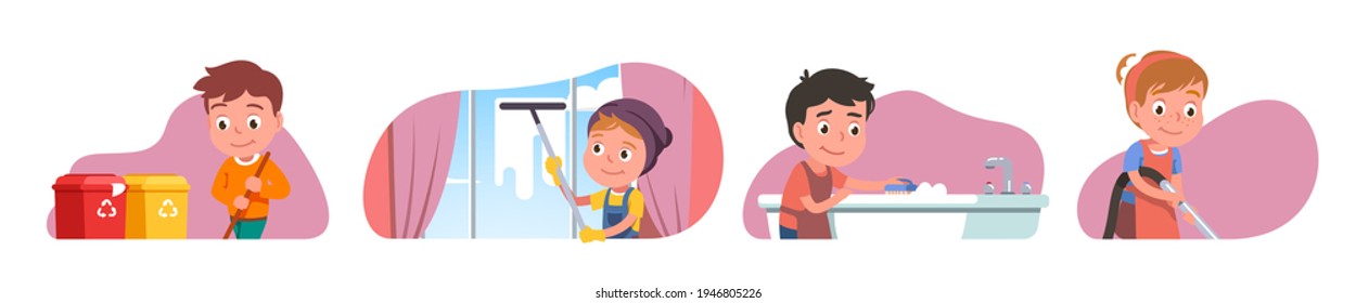 Girls, boys kids enjoying housekeeping set. People cleaning home room with vacuum cleaner, washing window, bathroom, sweeping ground, recycle bins. Housework chores. Flat vector character illustration