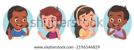 Girls, boys kids enjoying talking on mobile phone. Happy friends children persons characters hold smartphones calling, communicating gesturing. Cell communication chat fun flat vector illustration set