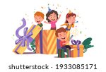 Girls, boys kids friends popping out of big gift box celebrating birthday. Children persons in cone hats with party blower, confetti popper. Celebration fun concept flat vector illustration