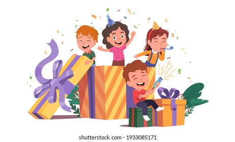 Girls, boys kids friends popping out of big gift box celebrating birthday. Children persons in cone hats with party blower, confetti popper. Celebration fun concept flat vector illustration