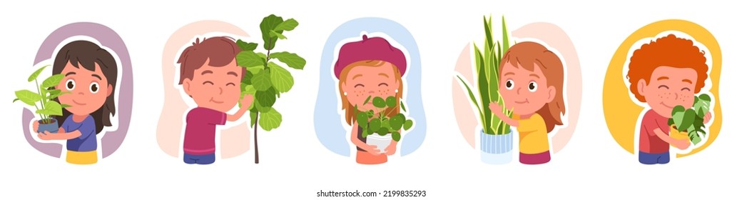 Niñas, niños cultivando plantas de hogar. Niños felices que cuidan las plantas macetas domésticas. Hermosa decoración de casa floral, jardinería, botánica colección de ilustraciones de vector plano