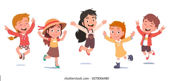 Girls and boys kids running, jumping, gesturing, showing victory and bull signs. Cute cheerful children waving hands happily. Smiling preschoolers people. Flat vector child characters illustration