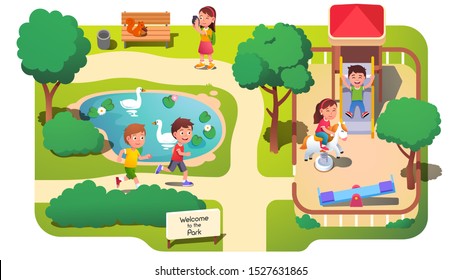 Girls & boys kids taking photos, running & having fun in park with pond. Children playing in park playground with horse spring rider toy, slide & seesaw. Childhood & leisure. Flat vector illustration