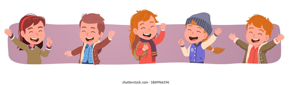 Niños y niñas con ropa de invierno o otoño de frío. Niños agradables y alegres saludando alegremente las manos. Sonriendo y haciendo gestos a la gente. Ilustración de caracteres secundarios de vector plano