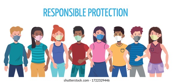 girls and boys with mask and responsible protection to coronavirus epidemic, vector illustration