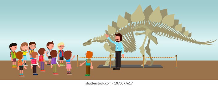 Girls and boys in the museum are examining the skeleton of a dinosaur and listening to a lecture. Vector illustration, a flat style design.