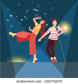 Girls and boys in the music show, TV shows. Singing and dancing with microphones young people at a concert for the audience or sing in a karaoke club. Vector illustration