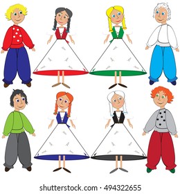 Girls and boys in national costumes. Blondes, brunettes and redheads. Partners for the dance. Cartoon illustration.