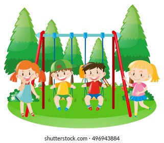 Girls and boys on swing illustration