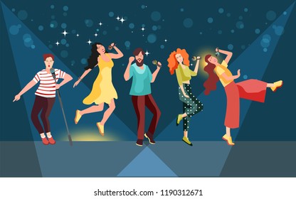 Girls and boys perform in a music show, TV shows on television. Singing and dancing with microphones young people show a concert for the audience. Vector illustration