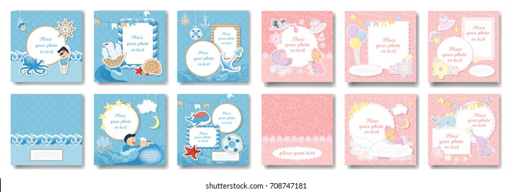 Girls and boys photo albumwith cover pages and photo templates. Pink and blue.