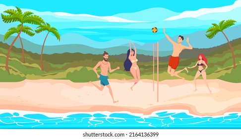 Girls and boys play volleyball on a tropical beach.