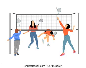 Niñas y niños jugando a la ilustración vectorial de bádminton aislados en fondo blanco. Los amigos se divierten. Los jugadores de Badminton en acción. Actividades infantiles al aire libre. Relajación picnic después de la barbacoa