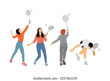 Girls and boys playing badminton vector illustration isolated on white background. Friends sport fun. Badminton players in action. Children outdoor beach activity. Picnic relaxation after barbecue