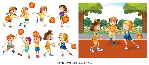 Girls and boys playing basketball illustration