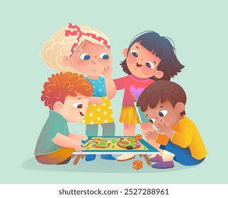 Girls and boys playing board game on the table together, children leisure and hobby playing games. Kids education and learning character design. Vector illustration for school and kindergarten.