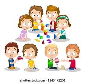 Girls and boys playing with cubes, toy car and sand. Happy children in kindergarten spend time friendly and develop with different toys. Multi-colored vector image of good kids on white background