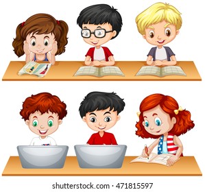 Girls and boys reading and working on computer illustration