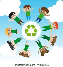 Girls and boys with recycle logo around the world, Vector Illustration
