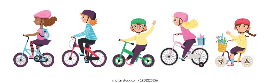 Girls and boys riding on kids bikes. Happy children in helmets biking on bicycles outdoors. Flat cartoon vector illustrations isolated on white background.
