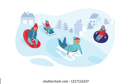 Girls and Boys Sledding. Children Characters Having Fun on Winter Holidays. Happy People Playing Outdoors in the Snow. Vector illustration