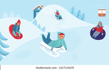 Girls and Boys Sledding on Ski Resort. Children Characters Having Fun on Winter Holidays. Happy People Playing Outdoors in the Snow. Vector illustration