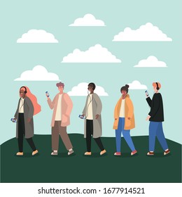 Girls and boys with smartphones and clouds design, Youth culture people cool person human profile and user theme Vector illustration