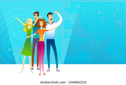 Girls and boys stay happy, surprised and wait. Young women and men open minds for something new. Hands up on abstract digital blue background. Pixel and symbol backdrop. Modern vector illustration.