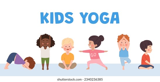 Girls and boys in yoga poses. Happy little kids doing yoga exercise, meditation. Children healthy gymnastic set. Vector poster with downward dog, tree, warrior 2, butterfly, mountain and others poses