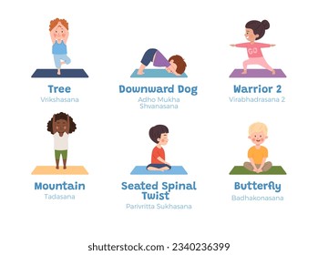 Girls and boys in yoga poses. Happy little kids doing yoga exercise, meditation. Children healthy gymnastic set. Vector illustration downward dog, tree, warrior 2, butterfly, mountain poses with title