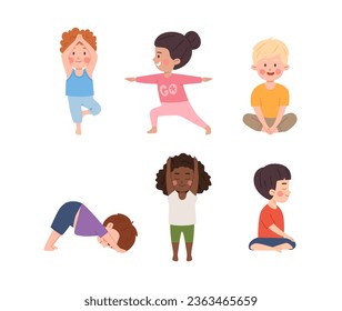 Girls and boys in yoga poses. Happy little kids doing yoga exercise, meditation. Children healthy gymnastic set. Vector isolated illustration downward dog, tree, warrior 2, butterfly, mountain poses.