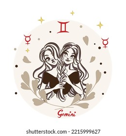 Girls braiding hair, cartoon, Gemini, Zodiac sign, decoration, doodle postcard, fashion