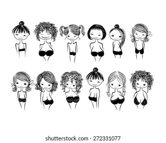 Girls in bras, sketch for your design. Vector illustration