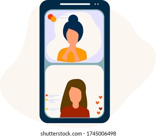 The girls are broadcasting live. Communication with subscribers. Blogger. Banner. Interesting personality. Vector illustration in flat style.