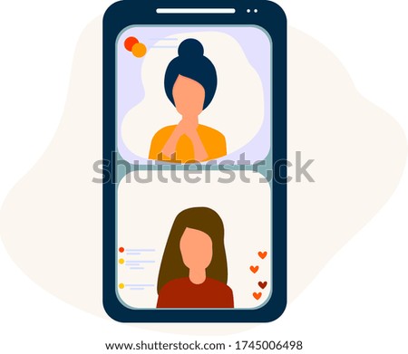 The girls are broadcasting live. Communication with subscribers. Blogger. Banner. Interesting personality. Vector illustration in flat style.
