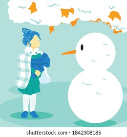 the girls brought a blue knitted scarf to wear to the snow doll she made in her backyard in winter