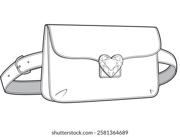 girls bum bag heart lock flat sketch vector illustration 