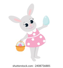 The girl's bunny in the dress holds a basket with eggs in paws. Illustration in cartoon style for greeting cards and holiday design.