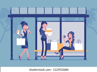 Girls at bus stop after big shopping. Ladies from a store carrying purchases, female passengers wait for a public transportation with gift boxes. Vector illustration, faceless characters