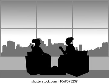 The girls are busy on the break drinking coffee and smoking cigarettes in the smoking area, one in the series of similar images silhouette
