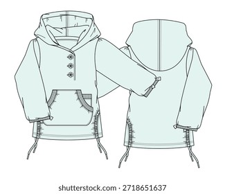 Chicas Botón arriba sudaderas Vector diseño maqueta Plantilla boceto plano técnico.