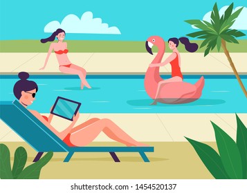 Girls by the pool.  Vector flat illustration